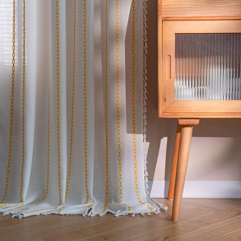 Solid Color Multi-line Finished Curtain for Bedroom Living Room Rural Embroidery Textured Window Curtain 1 Panels Tassel Drapery
