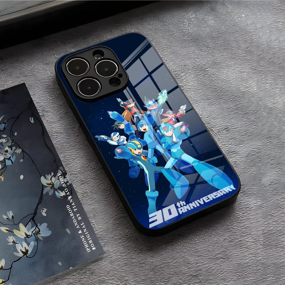 R-Rockman M-Megaman Cool Phone Case For IPhone 17 Air 16 E Pro Max 15 14 13 Mini 12 Pro 11 Max Plus Black Glass Cover