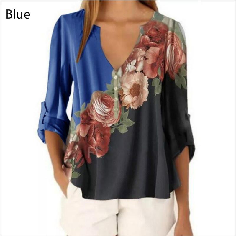 Women's V-neck Floral Print Shirt Top Chiffon Shirt