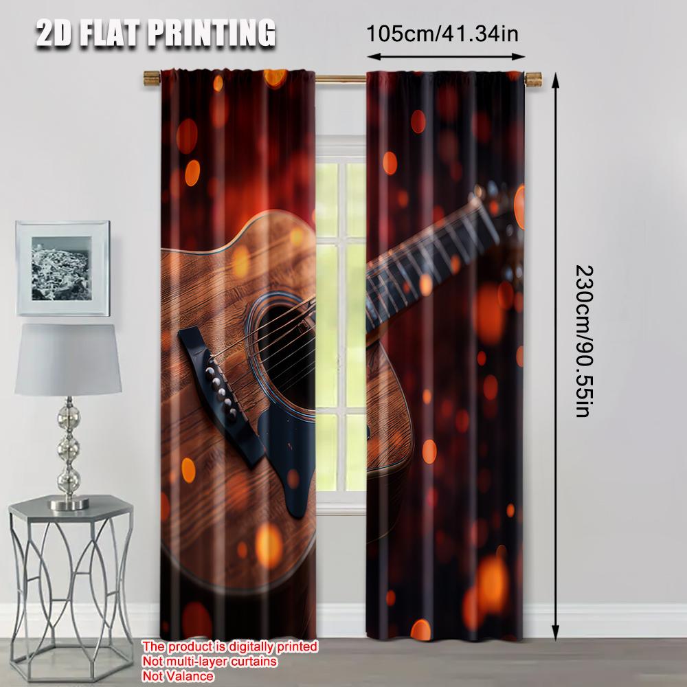 Elegant Set Of 2 Flat Printing Scene Curtains Wooden Guitar Bokeh Fabric Without Electricity Birthday Party Applies Polyester Curtain Made