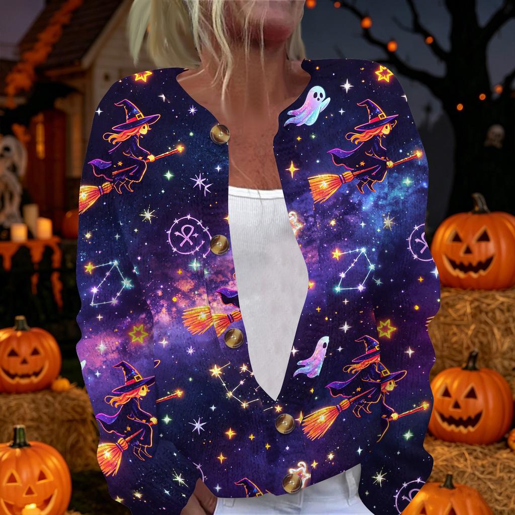 Women's Halloween Print Long Sleeve Knit Cardigan Button Up Sweater Coat Lightweight Comfortable Fit Seasonal Outerwear