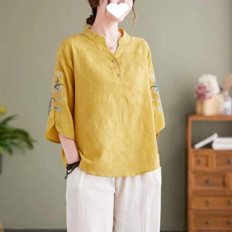 

Chinese Style Women s Summer Blouse Women s Cotton and Linen Embroidered Small Shirt Chinese Linen Mother Shirt Summer 4XL жовтий