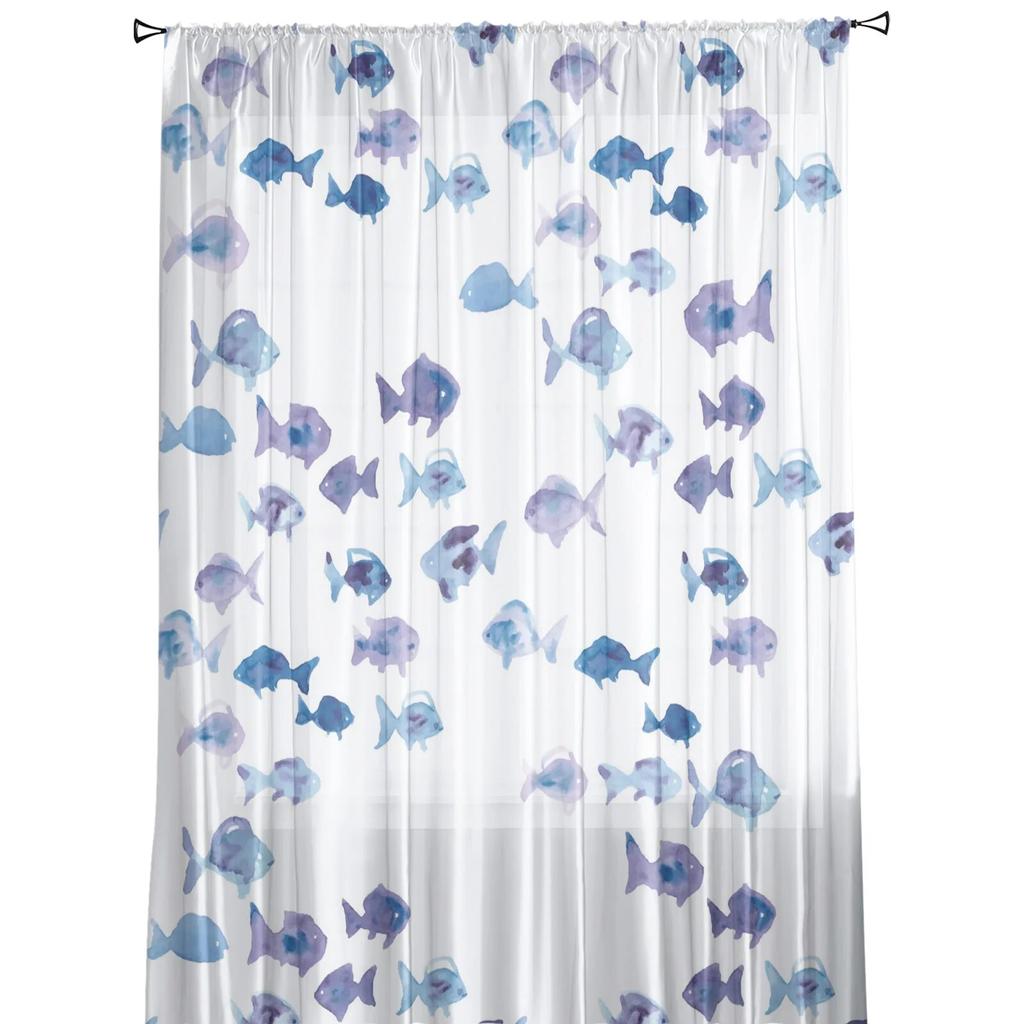 Transparente Fenstervorhänge mit lila Fisch-Aquarellmalerei für Wohnzimmer, Schlafzimmer, Mädchenzimmer, Dekoration, Tüllvorhänge