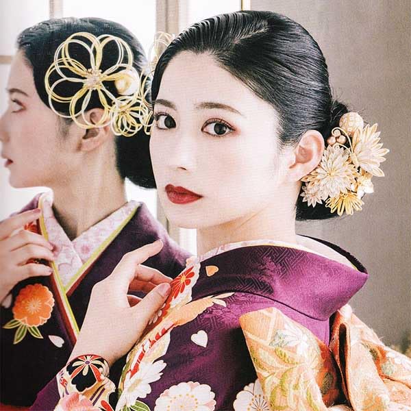 Arenca Reika Ranman Hair Ornaments for Chirimen Chrysanthemum and Butterfly Design Coming-of-Age Ceremonies, 10-Piece Set, (Gold)