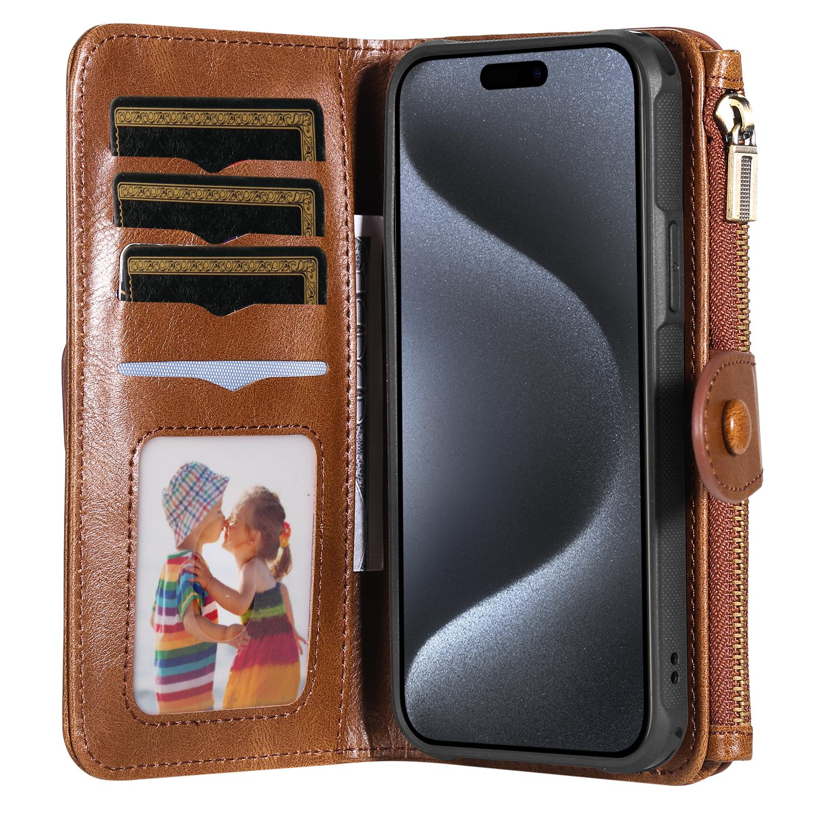 

For iPhone 15 Pro Magnetic Case Detachable PU Leather Zipper Wallet Cover Brown