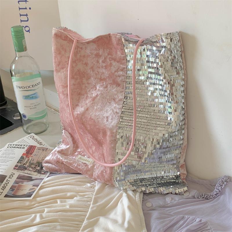 New popular glitter powder with silver sequins niche largecapacity commuting shoulder canvas bag handbag