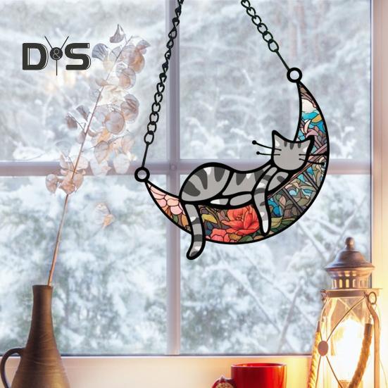 Cat Sleeping On Moon Hanging Decoration Living Room Wall Window Hanging Stained Glass Cartoon Kitten Suncatcher Colorful Acrylic Ornament Pendant
