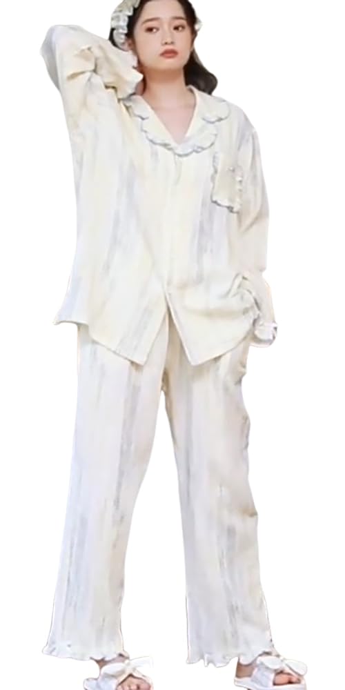 RAVIR Cotton Double Gauze Long Sleeves and Pants Random Pencil Stripe Relaxed Ivory and Size M Women's 100% Pajamas, Set, Design, Fit, Blue,