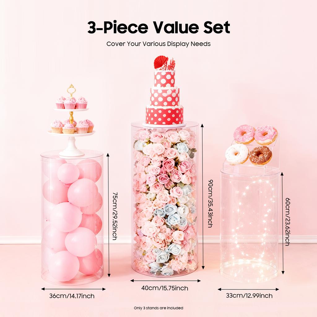 3-Piece Clear Acrylic Cylinder Pedestal Stands Transparent Display Columns Pedestal Display Stands Plinth Pillars for Parties