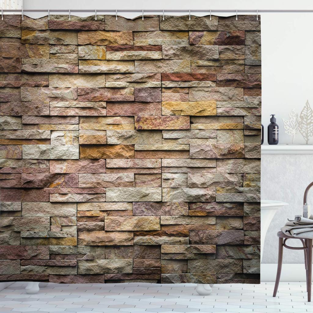 Stone Brick Wall Shower Curtain,Ivy Green Leaves Climbing On Rustic Marble Rocks Stone Wall Fabric Bathroom Shower Curtains