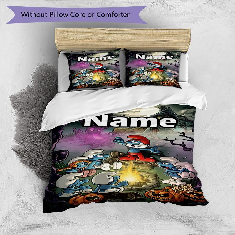3pcs Duvet Cover Set (1*Duvet Cover + 2*Pillowcase, Without Core), Custom Name Blue Smurfs Pattern Bedding Set, Home Bedroom Decor Gift