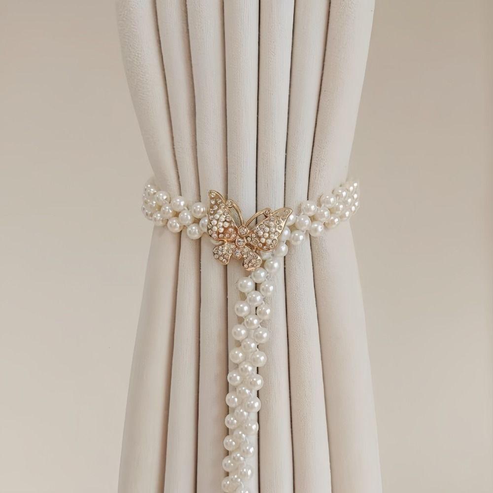 Butterfly Clips Pearls Curtain Holdbacks Elastic Window Curtain Tie Belts Home Decor