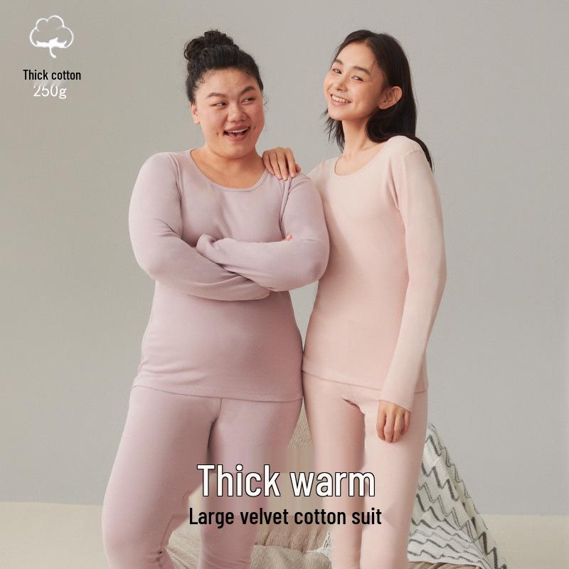 Women's Plus Size Double-Sided Flannel Underwear Set - Pure Cotton, Thick Round Neck Base Layer for Autumn and Winter