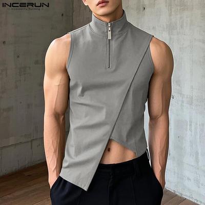 Summer Men Mockneck Sleeveless Irregular Splits Casual Tank Tops