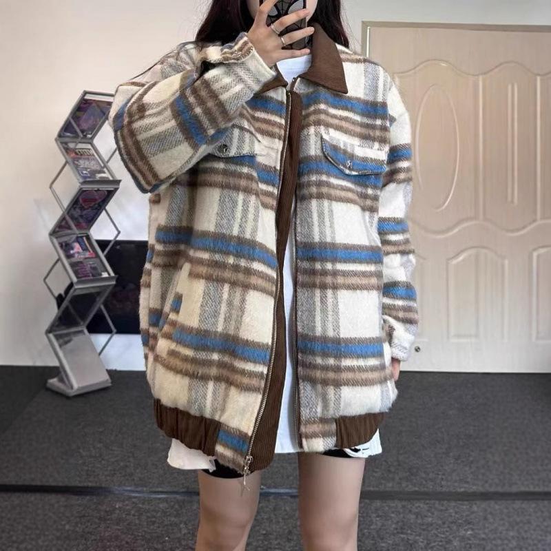 Wollplaidmantel Damen Herbst und Winter Neu Lockeres Paar Lässig Vielseitige Jacke Oberteil