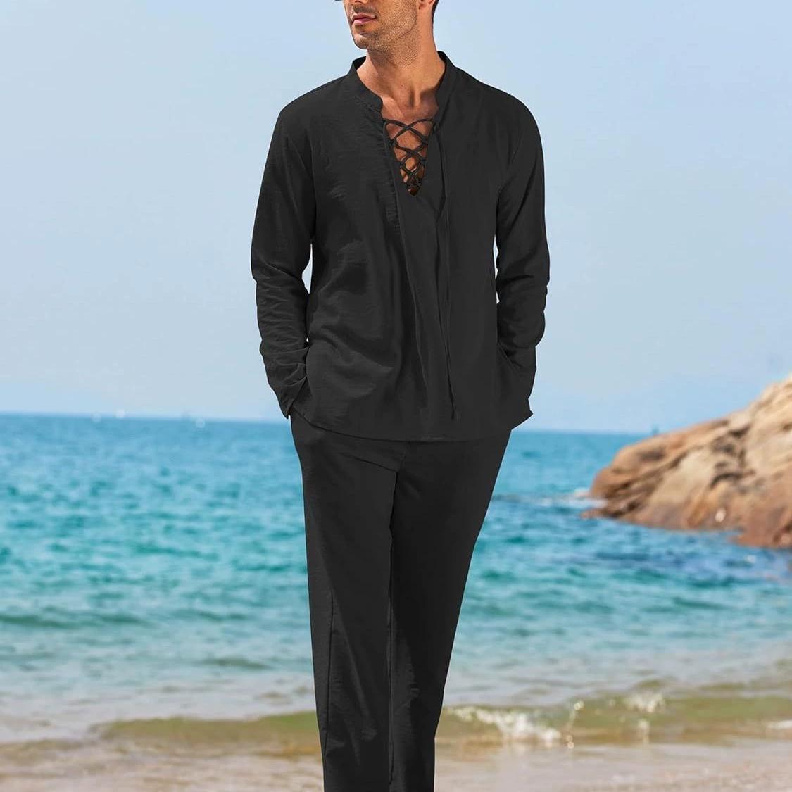 

Комплект из 2 предметов: мужская льняная рубашка и брюки, костюмы для мужчин, пляжная одежда, спортивный костюм, однотонные рубашки, спортивные брюки, гавайский отпуск XXXL