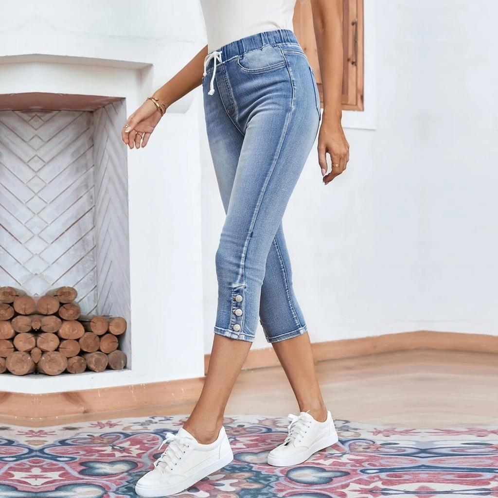 Damskie Jeansy Retro Kolor Wysoki Stan Krótkie Jeansy Sznurek Jeansowe Spodnie