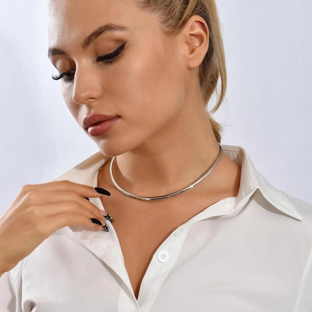 Anello Girocollo Rotondo Argentato Metallo Collana Rotonda Punk Choker Gioielli Regalo