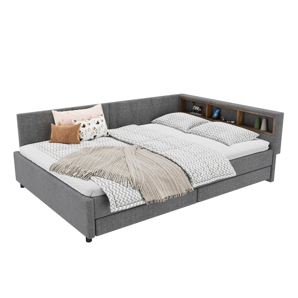 Daybed, 140x200cm, Storage Compartment On Bed, USB+Type C, With LED Light Strip, Bed with Two Drawers, Slatted Frame (without Mattress), Linen, Grey