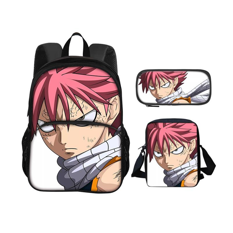 Fairy Tail Cartoon 3Pcs Set with Front Pocket Backpack+Shoulder Bags+Pencil Bag Student Boys and Girls Best Gift Stationery