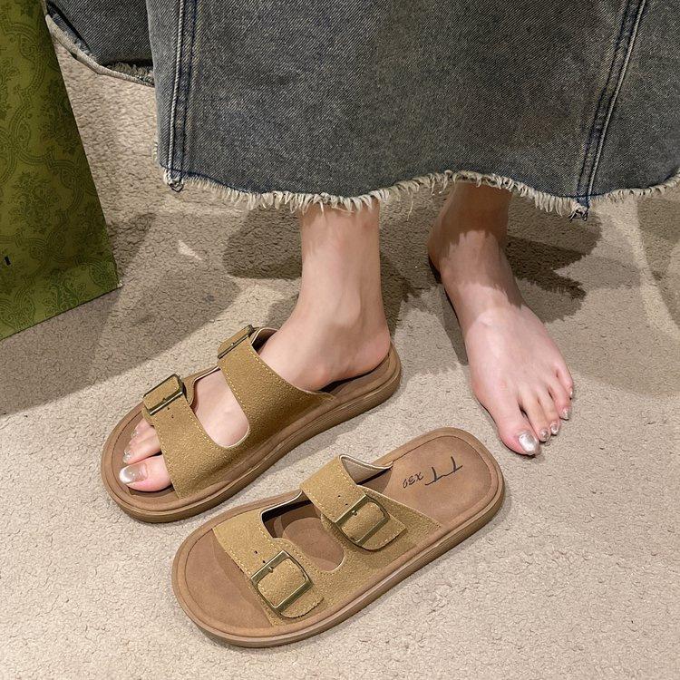 

2025 лето новая пряжка ремня полушлепанцы женские нескользящие повседневные Boken универсальные ретро с открытым носком прохладные шлепанцы 40 малиновый