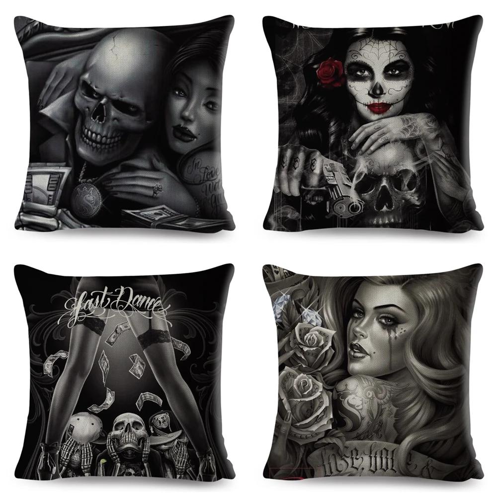 Mexico Chicano Sexy Women Skull Pillow Case Decor Cartoon Printed Girls Cushion Cover for Sofa Home Car Polyester 45*45cm