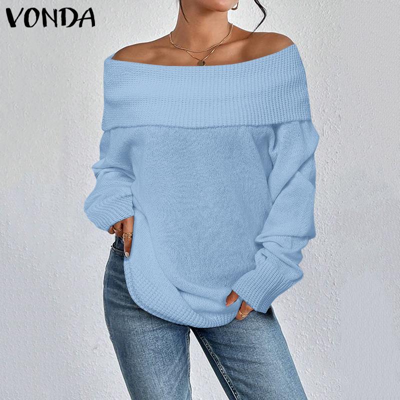 VONDA Women Autumn Off Shoulder Long Sleeve Solid Color Pullover Sweaters