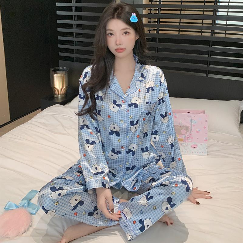 French Cute Cat Ice Silk Pajamas Women'S Spring And Autumn Sweet Wind Cool Long-Sleeved Loungewear Suit Can Be Worn Outside