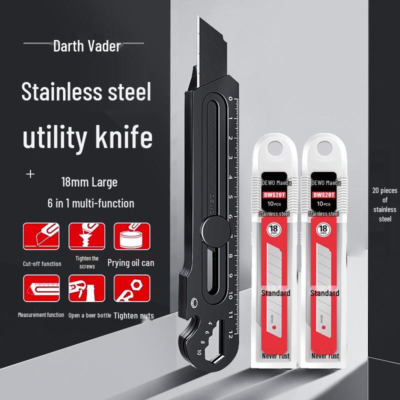 Maeda Schwerlast schwarzes Edelstahl-Utility-Messer: 6-in-1 Tapeten- und Paketmesser in Industriequalität