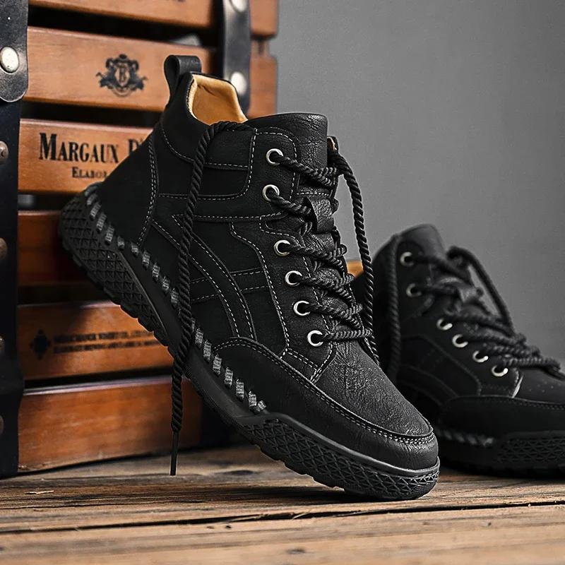 Fashion New 2024 Stylish Men Handmade Casual  Leather Basic Boots Outdoor Antiskid Flat Design Hiking Sneakers Comfy Lace-Up Ankle Boots