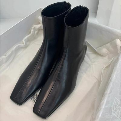 Fashion Leather Boots Women Autumn Winterblack Ankle Boots New Velvet Back Zipper Square Head Skinny Shoes Womens Low Heeled Short Boots