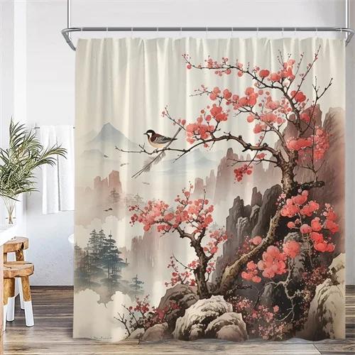 Asian Shower Curtain Traditional Chinese Pine Trees and Crane Flying Landscape Art Fabric Bathroom Decor Bath Curtains Set Hoo