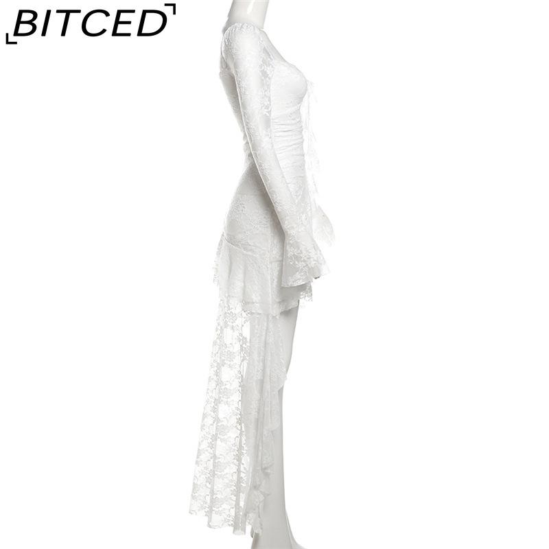 BITCED Autumn Women's Solid-Colour High-Waisted Fashion Square-Neck Long-Sleeved Lace-Panel Dress