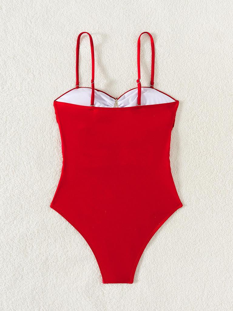 2025 European & American Solid Color Spaghetti Strap One-Piece Bikini for Women