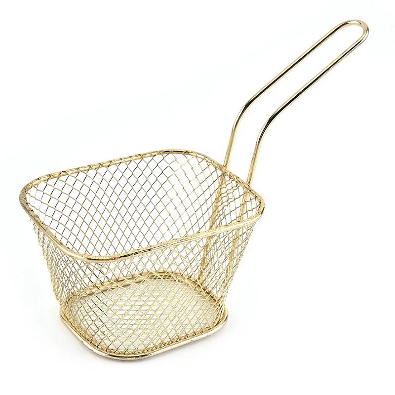 

Square Fry Basket Metal French Fries Chips Holder with Handle Desk Food Presentation Mesh Basket Kitchen Food Network Filter золотой