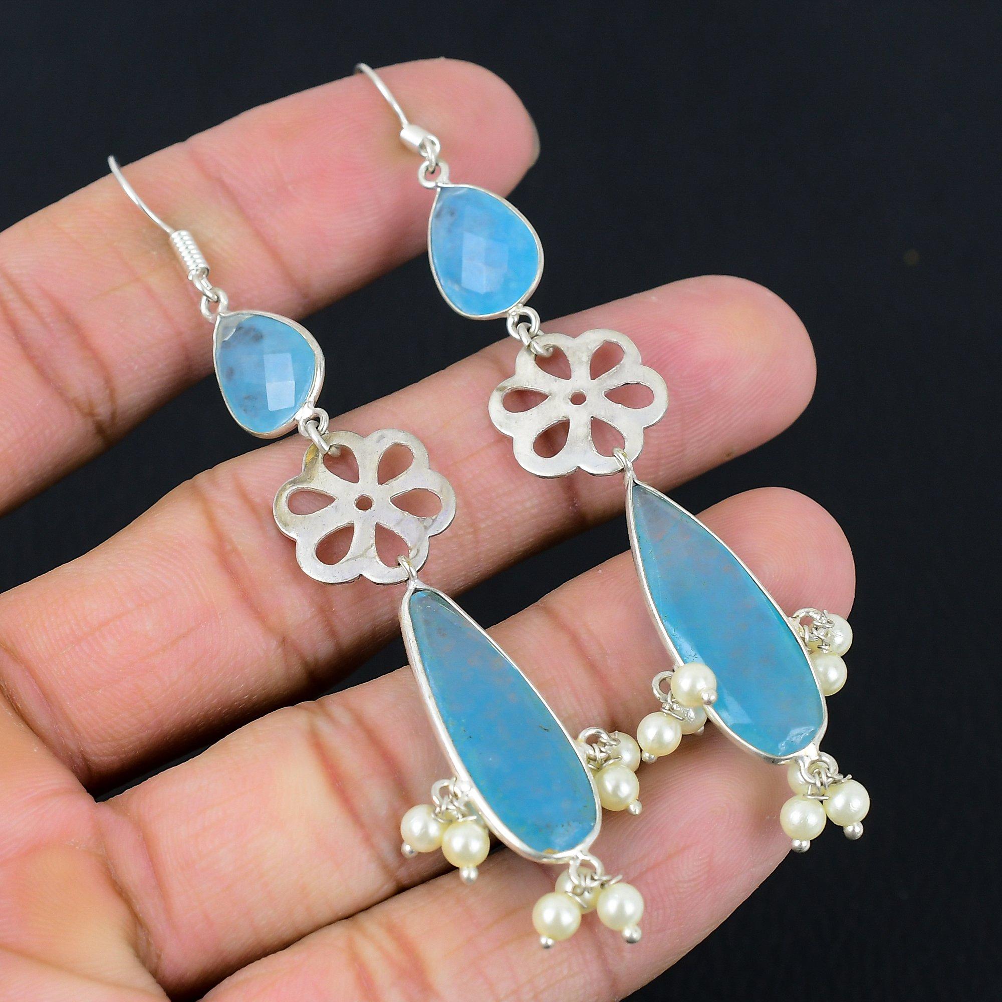 

Sisters Day Deal Pear Aquamarine Gemstone 925 Silver Dangling Art Deco Earrings