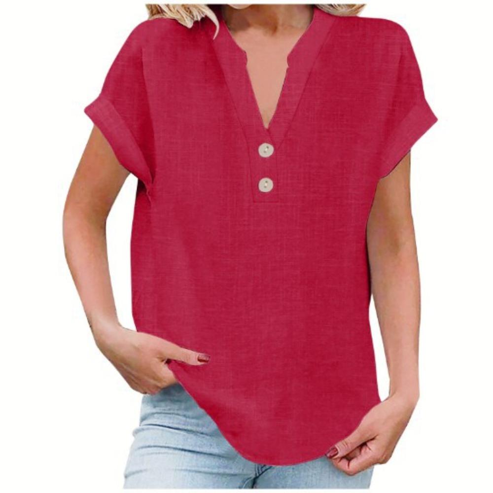 Women Summer Solid Color Stand Collar Button Short Sleeve Casual Shirt Blouse