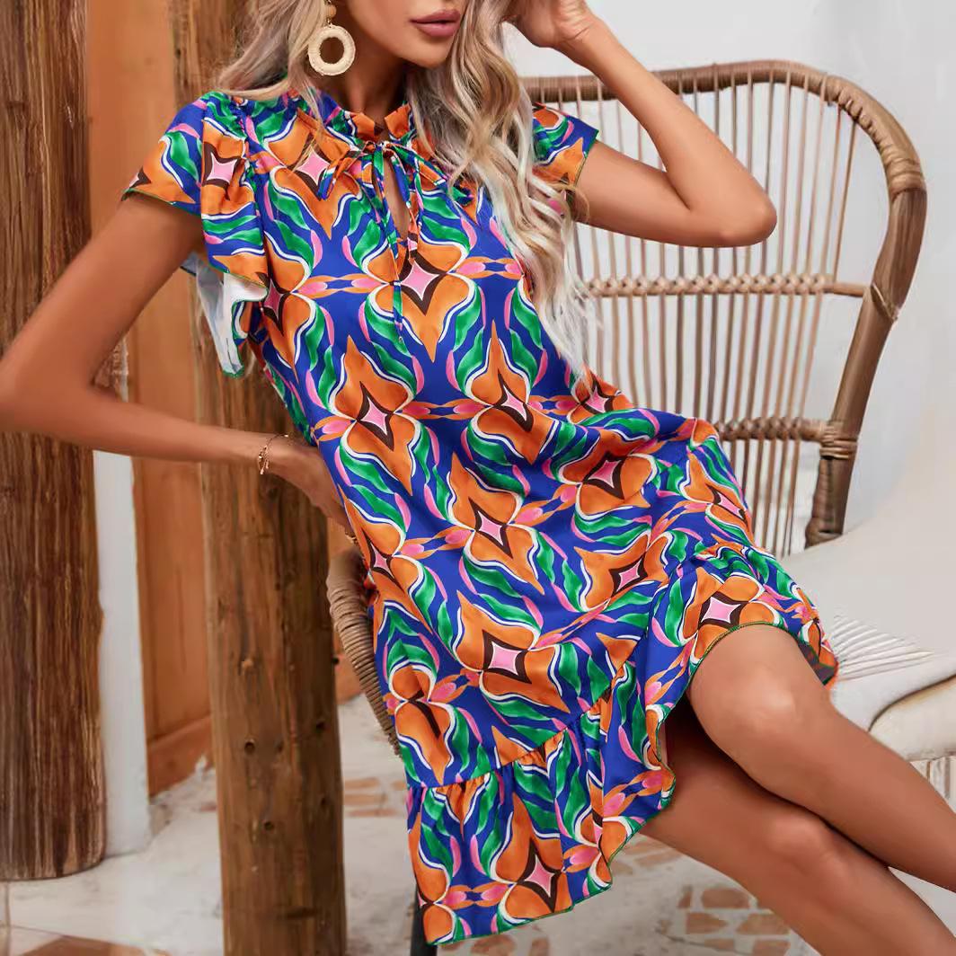 Womens Popular Dress Summer Printing Lotus Leaf Edge Short Skirt Womens Clothing S