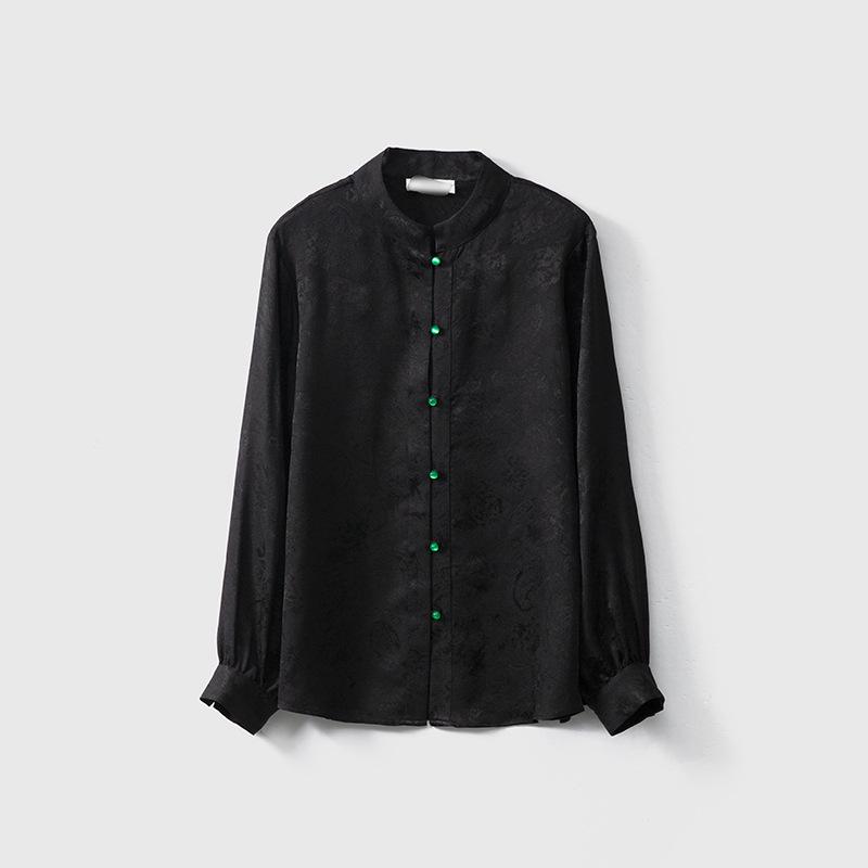 Elegant Silk Jacquard Floral Stand Collar Long-Sleeve Shirt for Women