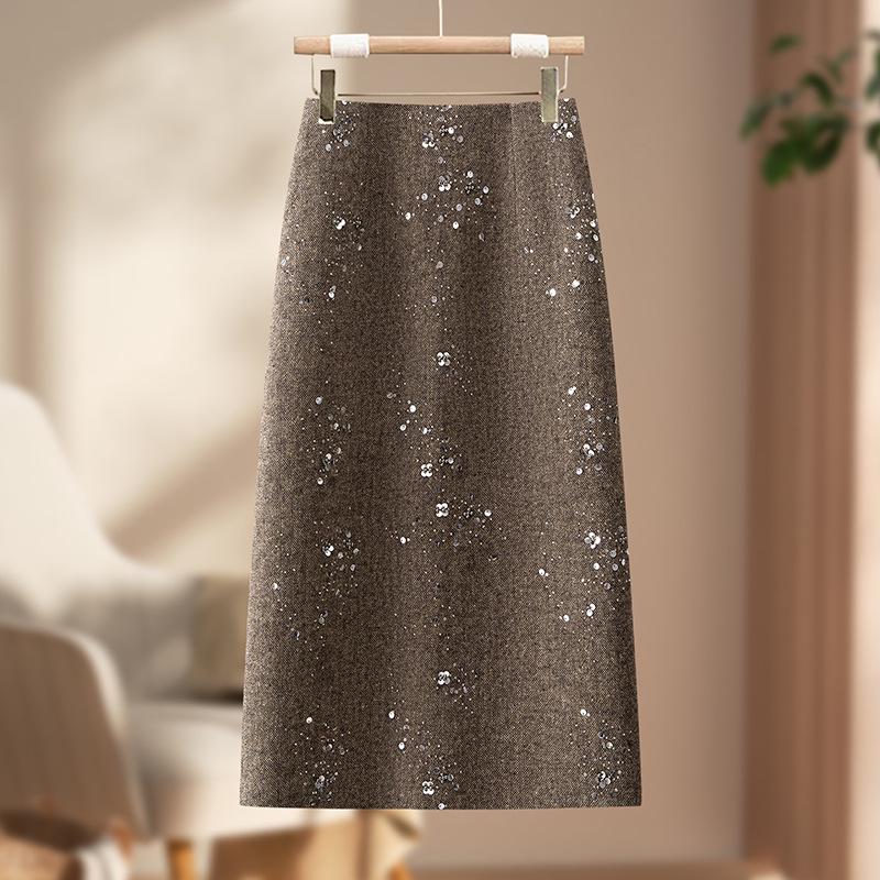 Sequined Woolen High-Waist Straight Skirt for Women