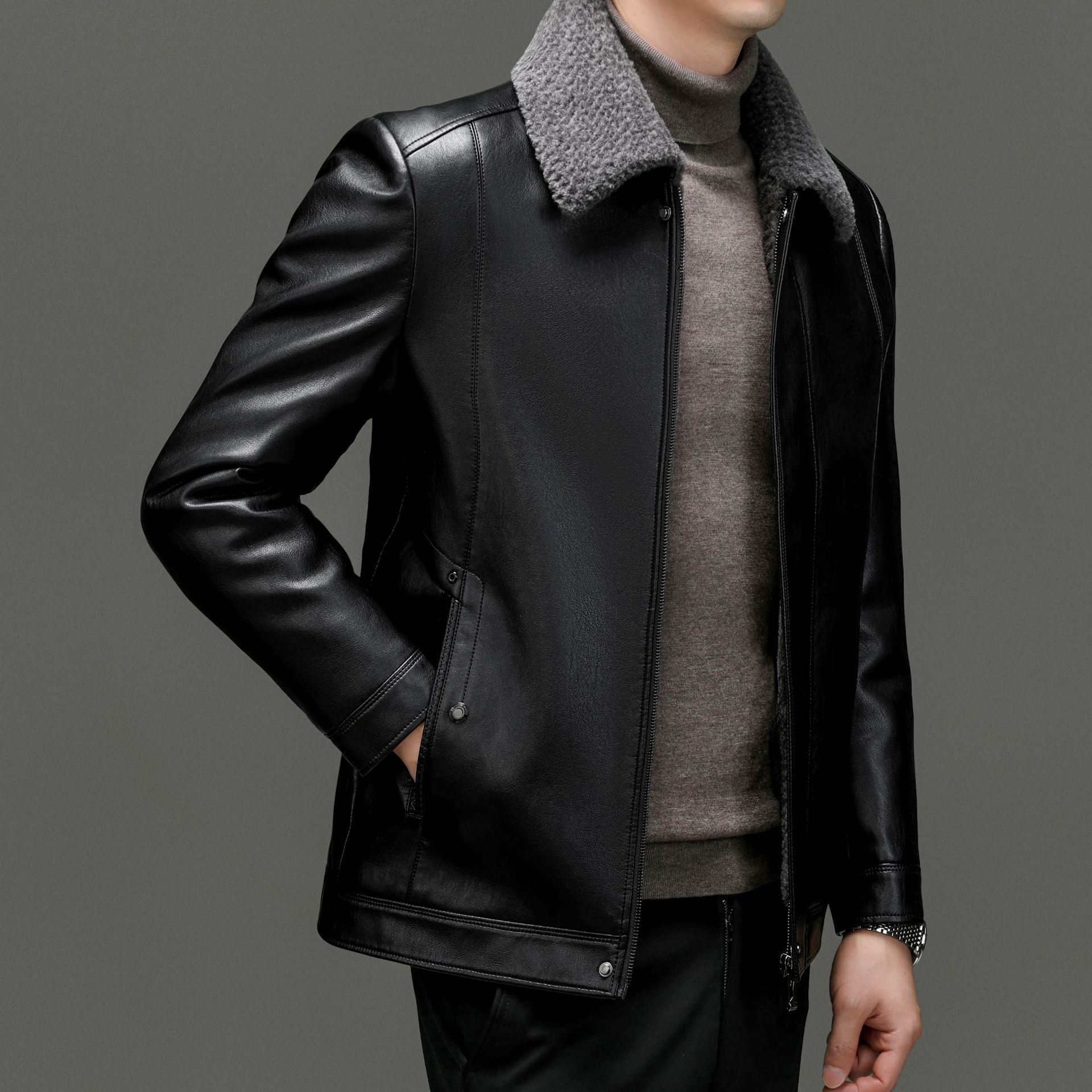 

Мужская интегрированная кожаная куртка из кожи и меха. Натуральная кожа из овчины для мужчин среднего и пожилого возраста. Плюшевое и утолщенное зимнее теплое папино пальто. M