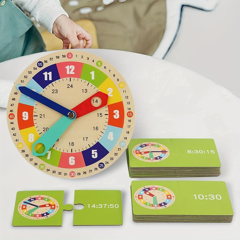 Modelo de Relógio de Madeira Auxílio Didático Relógios de Aprendizagem Montessori com Cartas Brinquedo para Pré-Escola para Jogo Interativo Sala de Jogos Parede