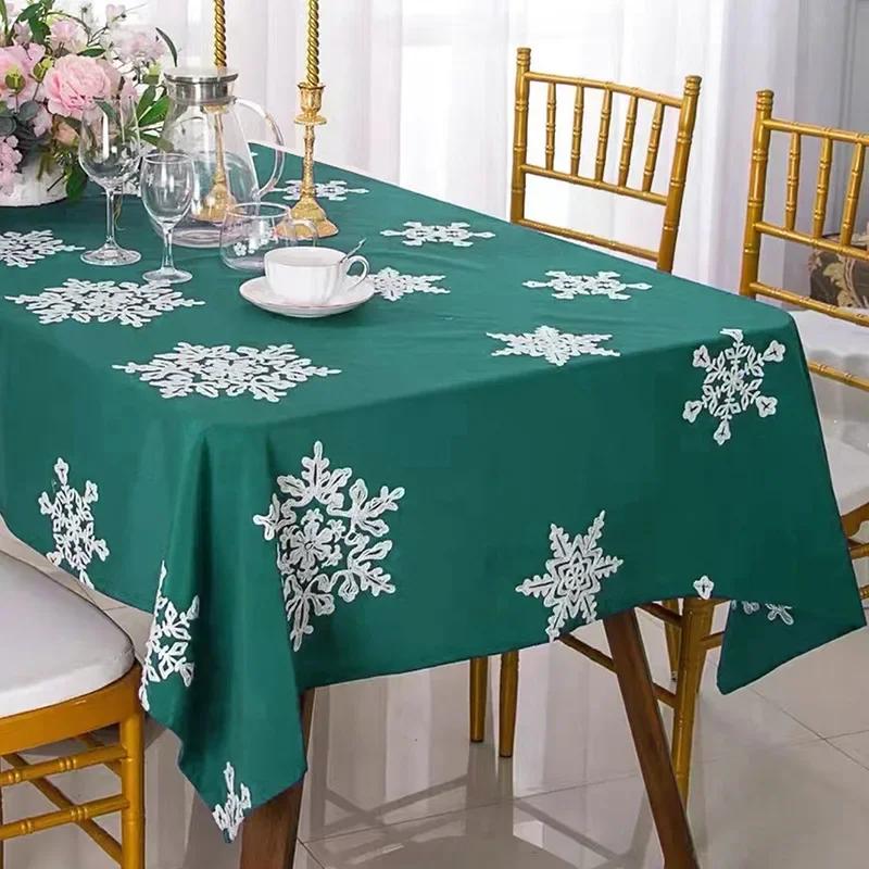 Classic Satin Christmas Tablecloth Green Snowflake Embroidery Table Cover For 2026 Xmas Home Hotel Dining Table Decoration