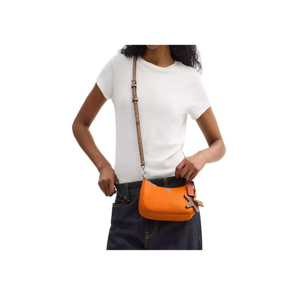 Coach Teri Shoulder Bag with Starfish Charm, Bright Orange Pebbled Leather Signature Canvas Trim Silver Hardware, Women's Daily Travel CBG79-SVY2H