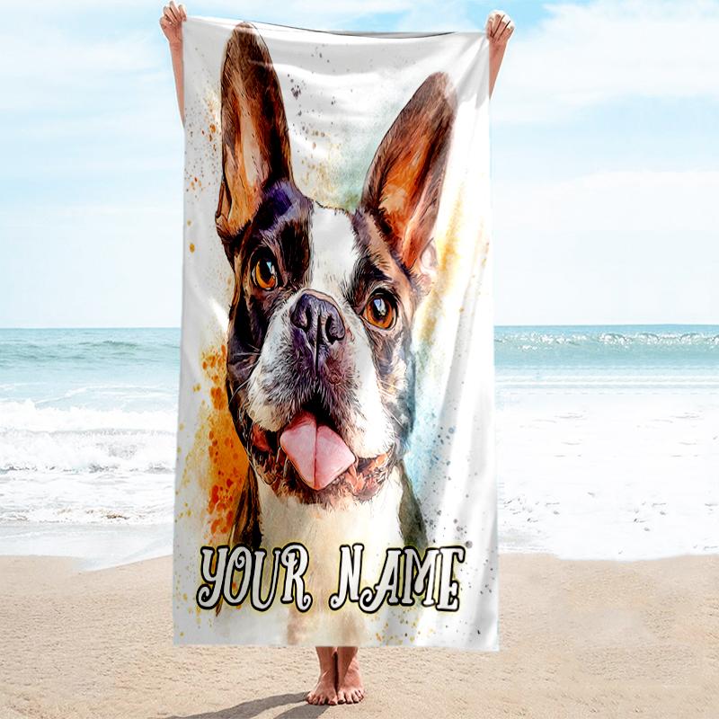 1PC Custom Name Pet Portrait Beach Towel Highly Absorbent And Sand-Resistant Towel for Swimming, Pool, Yoga, And Travel Lightweight