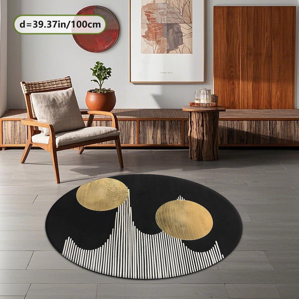 Mystic Black and Golden Planet Round Area Rug – Abstract Geometric Celestial Non Slip Floor Mat for Living Room and Study Decor