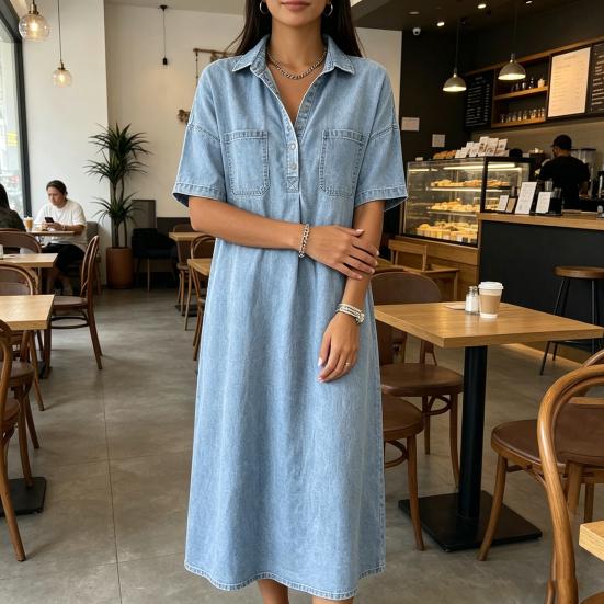 Robe chemise en jean pour femme Décontractée Manches courtes Boutonnée Jean Midi Robe Longue A-line Vintage avec Poches