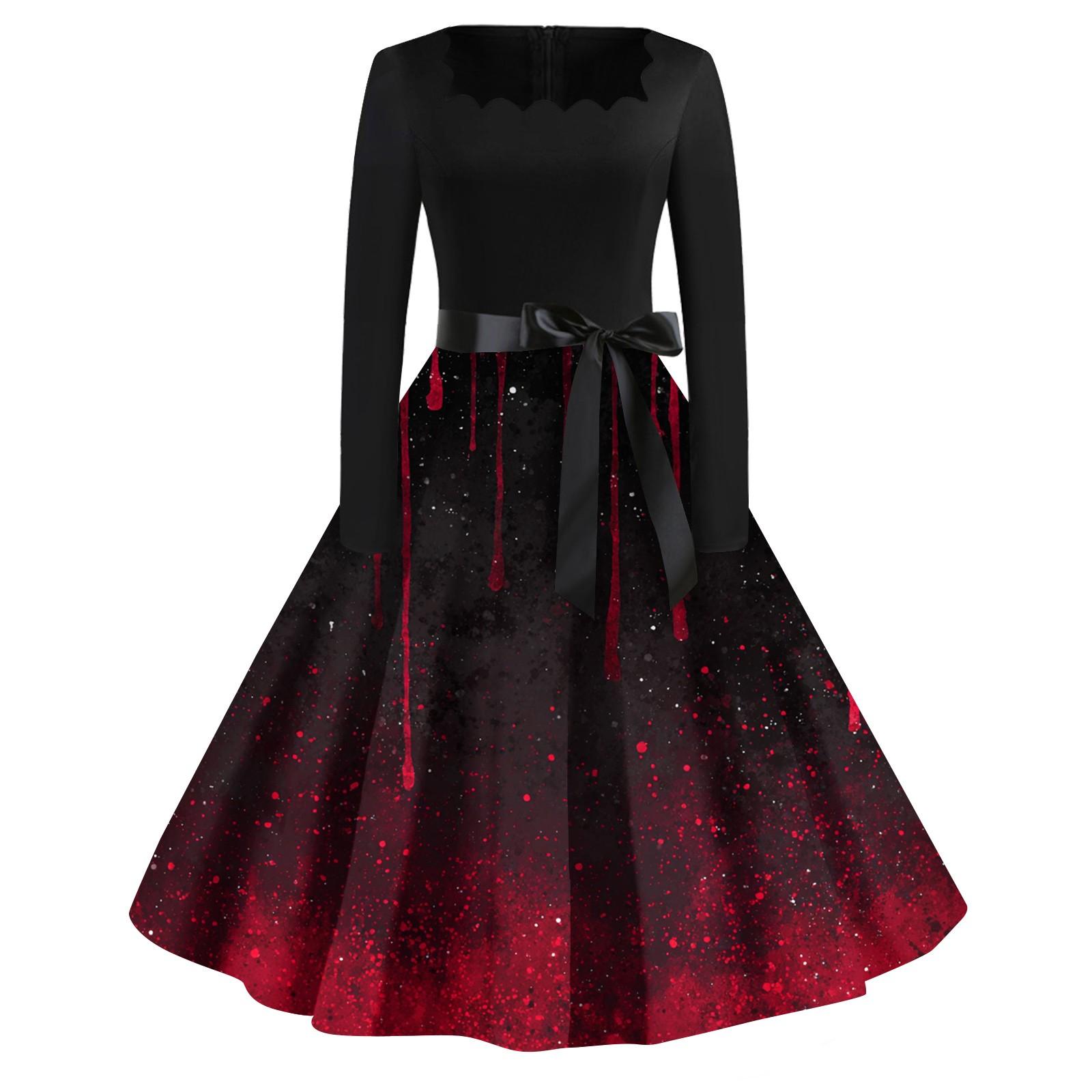 

Women s Casual Fashion Halloween Printed Square Neck Vintage Dress XXXL винный