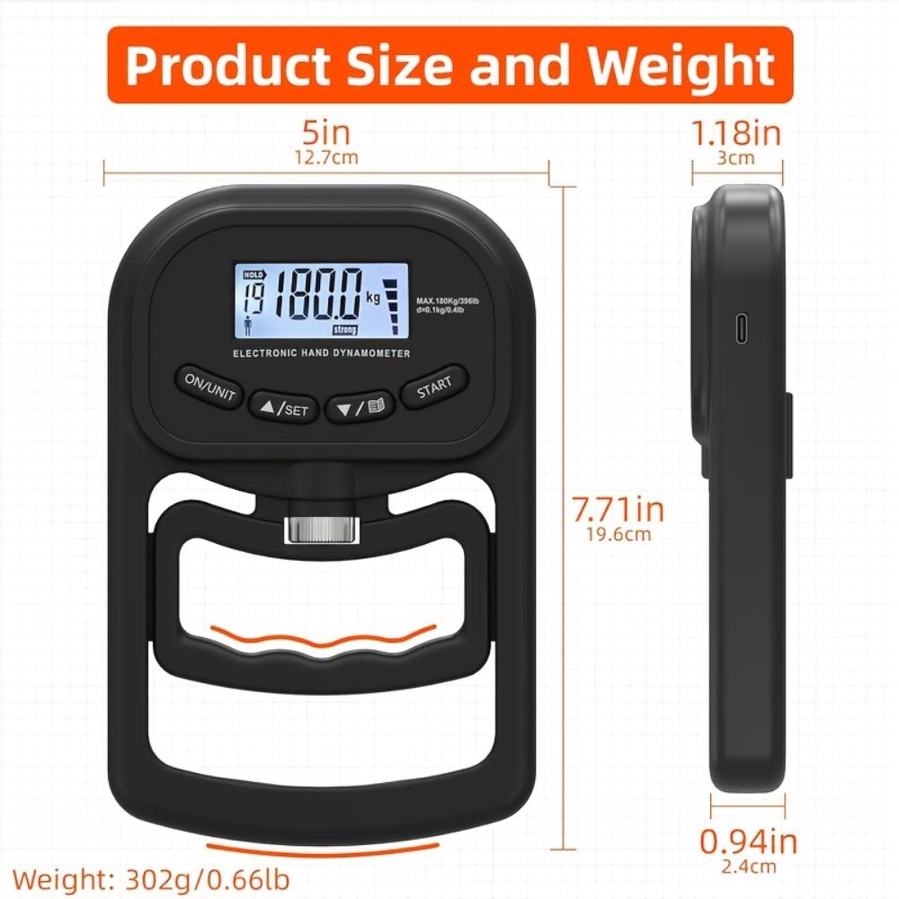 Rechargeable Digital Hand Grip Dynamometer,396Lbs/180Kg LCD‑Display Grip Tester,Adjustable Hand‑Strength Trainer for Sports & Home,Track Grip Progress