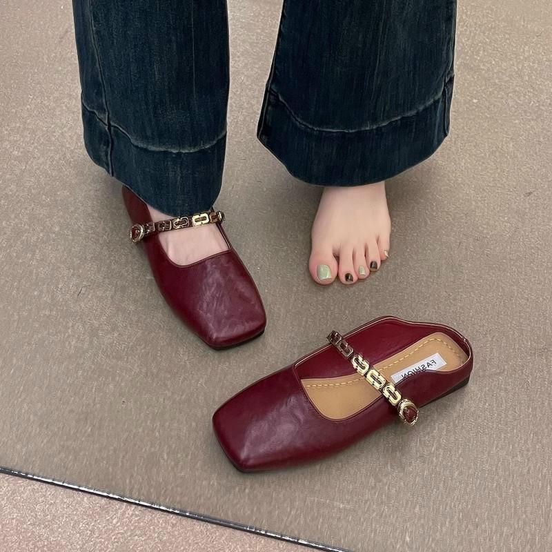 Francouzská taška hlava poloviční pantofle dámská vnější obuv 2025 jaro a léto nové korejská verze čtvercová hlava plochá podrážka jeden pedál Mary Jane jediné boty